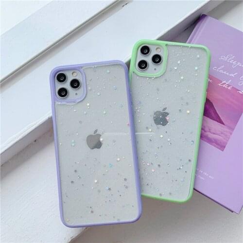 Macaron Colorful Border with Glitter Star Cute Twinkle Phone Case for iPhone 7 8 Plus X XS Max XR 11 Pro Max 2020 SE 12mini 12