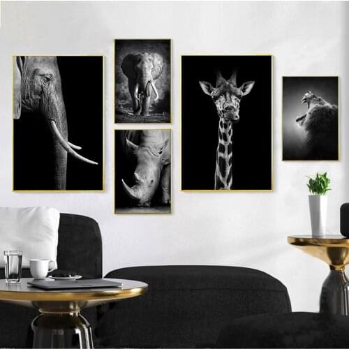 Black White Poster Large Big Picture for Home Design Animal Canvas Wall Art Elephant Deer Paintings for Interior Frameless