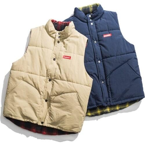 Double sided wearing Plaid winter cotton vest for men and women sleeveless Hong Kong Style Korean lovers vest cotton clothing