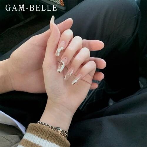 GAM-BELLE Brown Cow Graffiti Pattern False Nails French Ballerina Full Artificial Nail Art Tips Press on Nails Manicure Tool