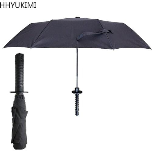 HHYUKINI Men Samurai Sword Ninja-like Japanese Shape Umbrella Design knife Folding Long-handle Black Rain Rainy Umbrellas