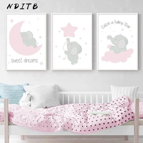 Pink Elephant Star Canvas Children Poster Print Baby Girl Nursery Wall Art Picture Painting Nordic Kids Bedroom Decoration