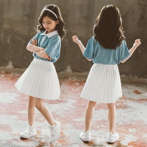Summer Childrens Clothing Striped Girls Tops + Pleated Skirts Fashion Girls Clothes Sets Teenage Back To School Outfit 3 6 9 12