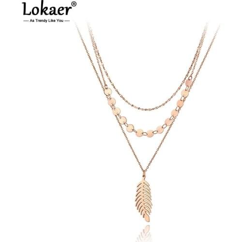 Lokaer Fashion Bohemia Three-layer Leaves Plant Charm Pendant Necklaces Stainless Steel Chains Choker Necklace For Women N20105