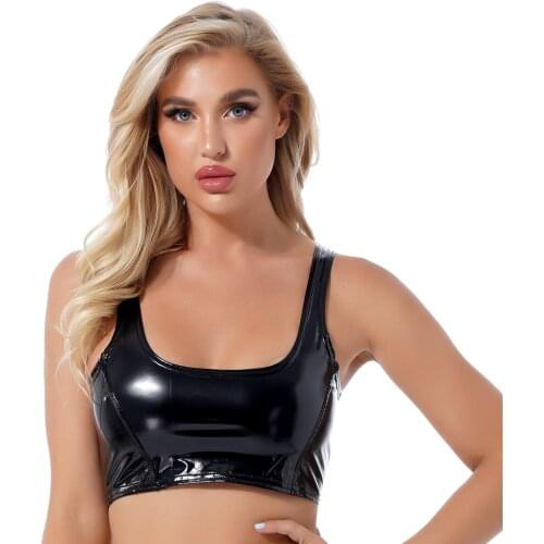 Plus Size Fashion Wet Look Patent Leather Cropped Tank Top U Neck Zipper Back Wide Shoulder Straps Vest for Women Streetwear