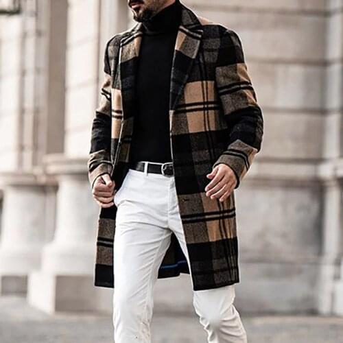 2021 New Autumn Winter Europe America Woolen Plaid Mens Coat Fashion Long Sleeve Lapel Business Temperament Casual