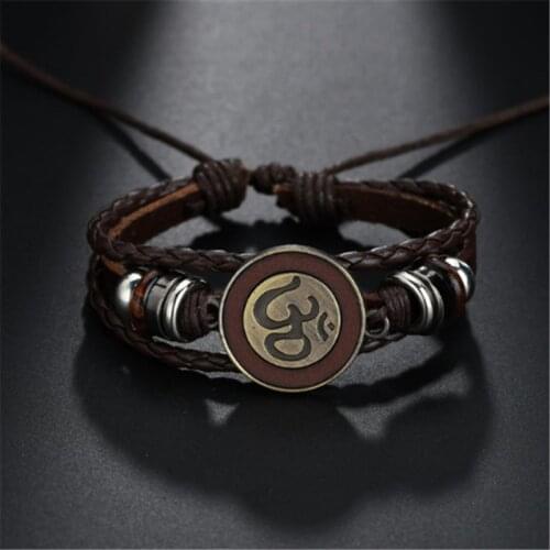 Retro Brown Rope Chain Leather Bracelets With Antique Gold Om/Ohm/aum Charm Adjustable Bracelet Bangle For Men Women Jewellery