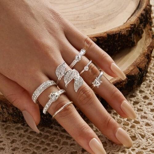 Tocona 7pcs/sets Shiny Crystal Stone Sivler Rings Sets for Women Men Leaf Geometric Wedding Rings Jewelry Wholesale 9777