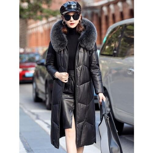 Genuine leather, jacket, womens, long, Winter, sheepskin, hooded coat, womens down jackets, Korean, fox fur, collar