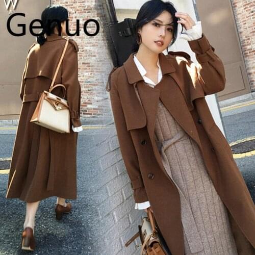 Spring and Autumn Long Loose Was Thin New Caramel Color Chic Over Knee New Coat Windbreaker Caramel Double-breasted Three-color