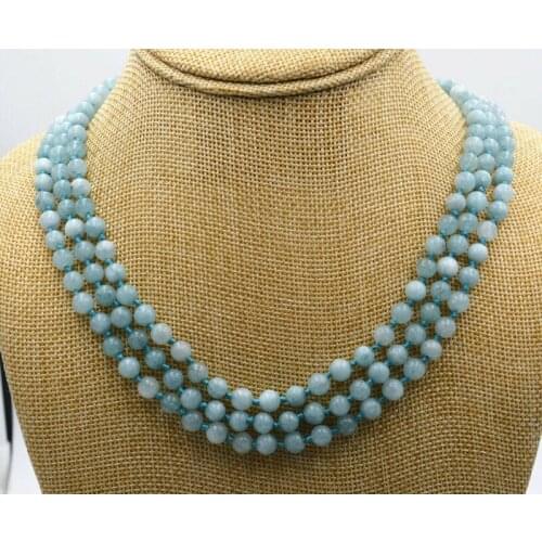New charming 3 rows 6mm Brazil Aquamarine Gemstone Necklace 17-19