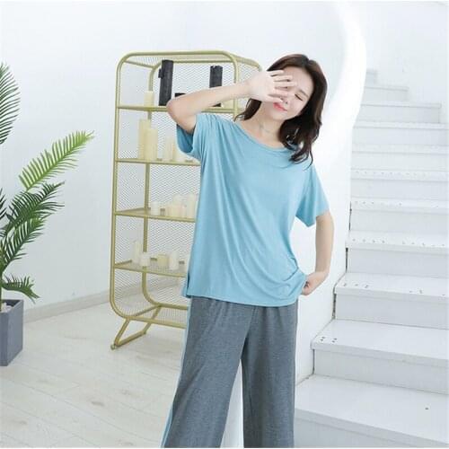 Pajamas short-sleeved suit Modal Lake blue trousers Korean casual casual summer loose home service sexy nightware