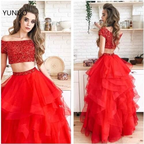 YUNUO Two Pieces Prom Dresses A-line Off Shoulder Elegant Party Evening Formal Gowns Dress With Beading Ruffled Organza