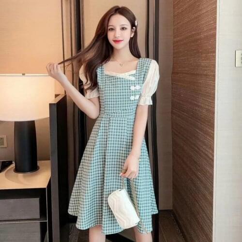 Cheongsam Lattice Pattern Short Sleeve Dress Women Summer Elegant Chiffon Square Collar Ruffles Bubble Sleeve Dress