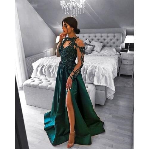 Sexy Evening Dresses Long Sleeves A-line Lace Applique Evening Party Gowns Beading Split Front Formal Dresses Robe De Soiree