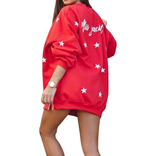 BAMBOOBOY Women O Neck Star Print Streetwear Casual Loose Top Fleece Hoody FD119