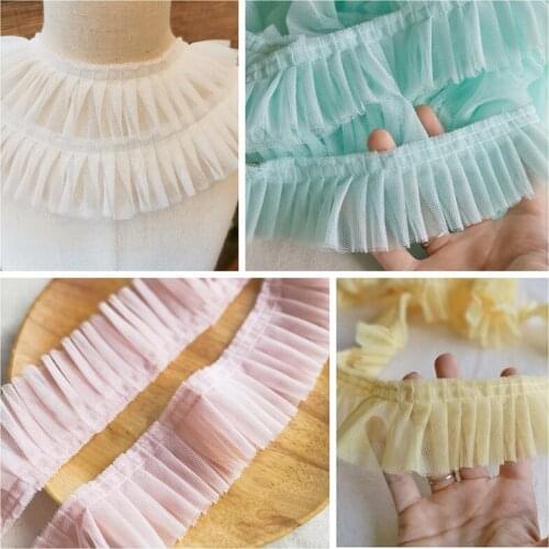 2Yards Pleated Lace Trim Bubble Skirt Ruffle Mesh Two Layers Ribbon Pink Yellow Blue Fabric Accessories Tutu Wedding Decortion