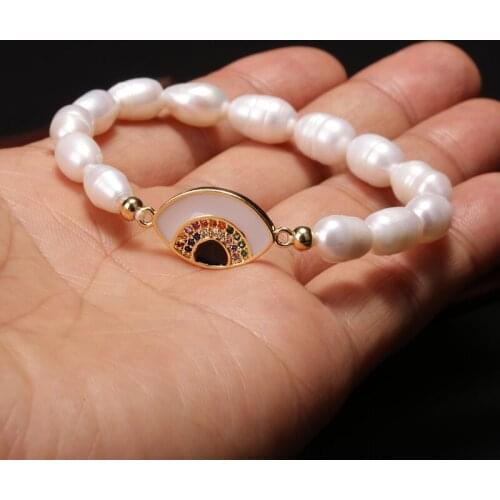 2020 fine Jewelry natural Freshwater Pearl Beaded Plastic Elastic Rope CZ Connector Charm unisex Bracelet daily jewelry