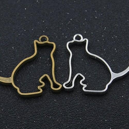 6pcs 35*39mm Charm Two Color Cat Hollow Glue Blank Animal Pendant DIY Bracelet Necklace Handmade Bezel Mold