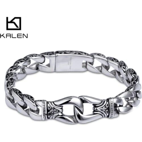 KALEN Stainless Steel Handcuff Charm Bracelet For Men 22cm High Polished Cuban Chain Wristband Homme Jewelry