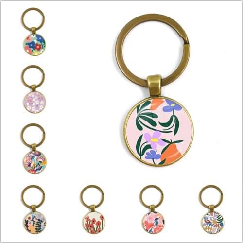 Abstract Flowers Inspired Key chain Classical Flower Round pendant Keychain Fashion Glass Cabochon Car Key Ring