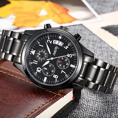 NARY Round Dial Accurate Alloy Steel Belt Luminous 3 Decorative Dial Life Waterproof Men Watch Quartz Wristwatch