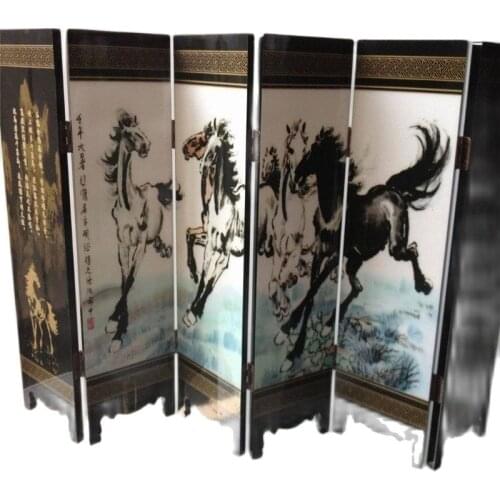 Wood 8-horse picture screen byobu folding wood unique Chinese Antique