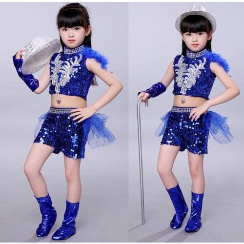 Kids Jazz Dance Costume Set Girl Stage Performance Dancing Clothing Children Hip Hop Street Dancing Dress High Quality Sequined