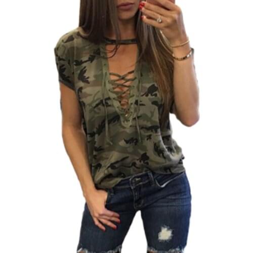 Women T-Shirt Casual Ladies Short Sleeve Camouflage Print Loose Summer Lace Up Bandage V-Neck Tops Ladies Fashion Clothing