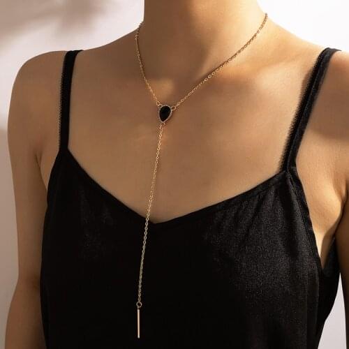 HuaTang Simple Classic Stick Pendant Necklace for Women Charming Black Crystal Long Link Chain Necklaces Party Jewelry 18182