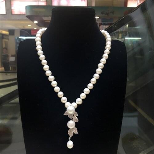 Hot sell new 8-9mm natural white freshwater pearl necklace zircon accessories pendant fashion jewelry