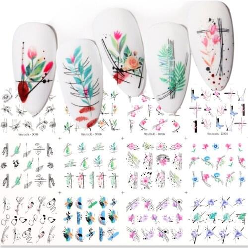 Harunouta 12Pcs Sexy Girl Geometric Lines Nail Water Stickers Spring Simple Flower Leaves Decals Slider DIY Nail Art Decoration