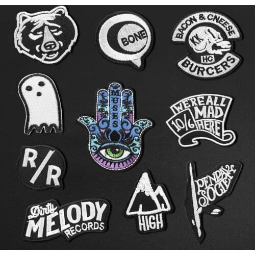 Punk skull black bear Patches for Clothing Iron on Embroidered Applique letter Patch Badges Garment DIY Apparel Accessory