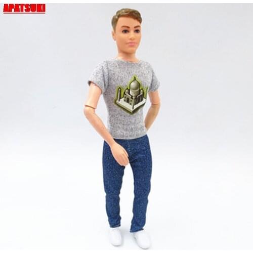 Gray Castle Print Shirt Denim Jeans Long Pants Trousers Doll Clothes For Ken Doll Outfit Clothes for Barbies Boyfriend Ken Doll