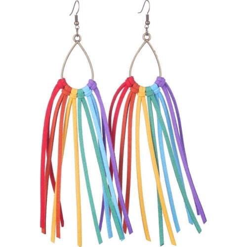 Teardrop Accented Rainbow Suede Leather Tassel Boho Earrings for Women Fashion 16 cm Long Fringe Statement Earrings Jewelry Gift