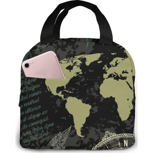 Vintage Compass World Map And Wind Rose Cooler Lunch Box Portable Insulated Lunch Bag Thermal Food Picnic Lunch Bags