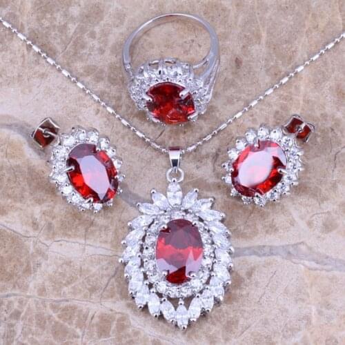 Red Garnet White CZ Silver Plated Jewelry Sets Earrings Pendant Ring Size 6 / 7 / 8 / 9 / 10 S0064