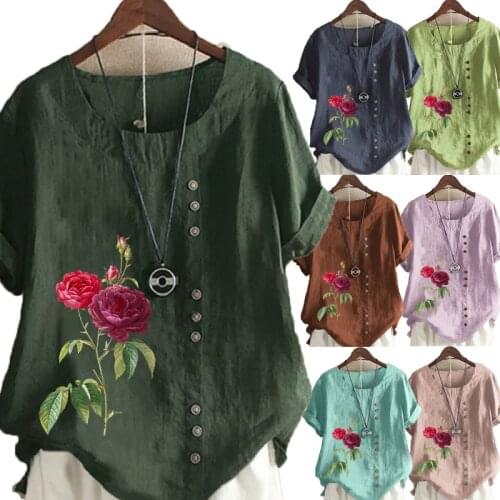Plus Size Womens Fashion T-shirt Flowers Printed Short Sleeve Casual Round Neck Blouse Pullover Tops Ladies Summer Fashion