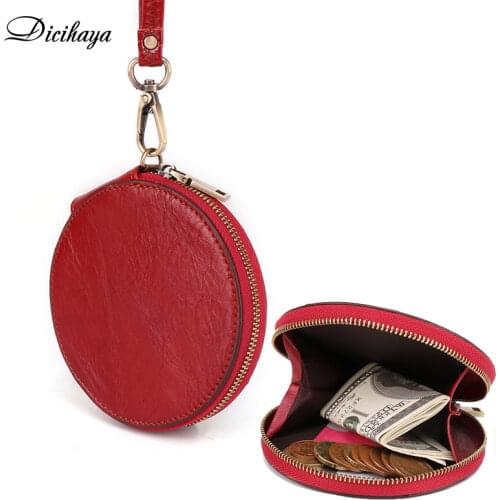 Lady Wristlet Handbags Fashion Womens Coin Purse Genuine Leather Zipper Coin Wallet Circular Key Holder Small Money Bag