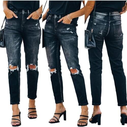 Hole Jeans Woman Jeans High Waist Ripped Jeans Black Color Streetwear Vintage Casual Denim Trouser Skinny Pants Cropped Pants