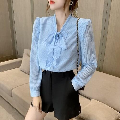 Chikichi 2021 Spring and Autumn New V-neck Fashion Polka Dot Bowknot Lantern Long Sleeve Chiffon Shirt Ladies Top