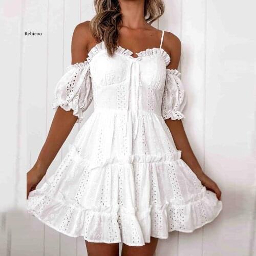 Womens Summer Autumn Dress Ladies Fashion Embroidered Hollow Lace Wrapped Strap One-Sleeve Pleated Lace Dress Vestido