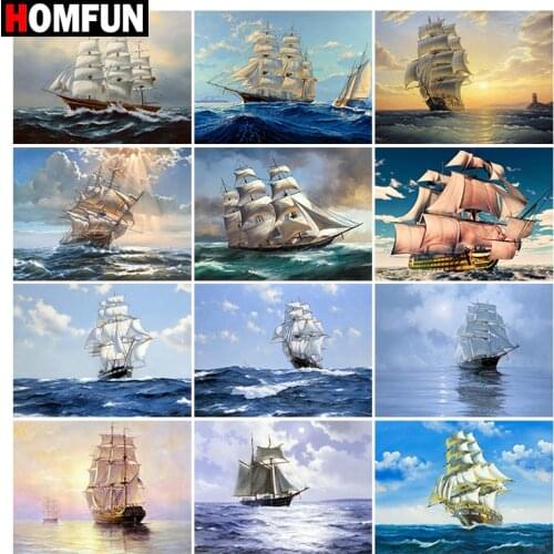 HOMFUN 5d Diamond Painting Full Square/Round "Sea boat sky landscape" Picture Of Rhinestone DIY Diamond Embroidery Home Decor