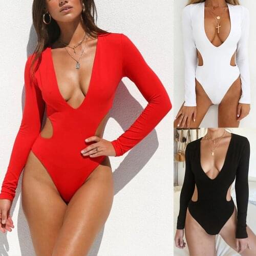 Bodysuit Long Sleeve Jumpsuit Women Clothing Casual Sexy Skinny Jumpsuits V-Neck Sheath Basic Black Overalls Slim Swimsuit Women