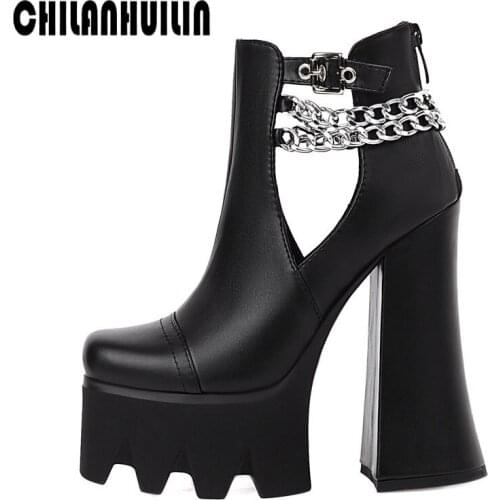 Fashion gothic punk womens platform boots black buckle strap zipper creeper chunky high heels shoes chains military riding boots