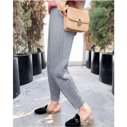 Elastic Waist Drawstring Trousers Thick Knit Harem Pants Casual Side Houndstooth Sweater Pants