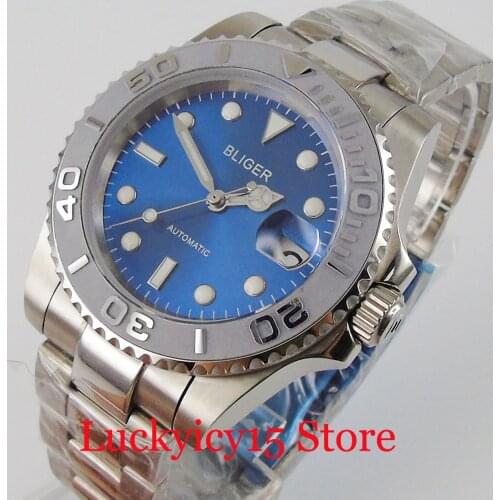 BLIGER NH35 Movement Automatic Men Wristwatch Blue Dial Grey Brushed Bezel Insert Oyster Bracelet MIYOTA 8215