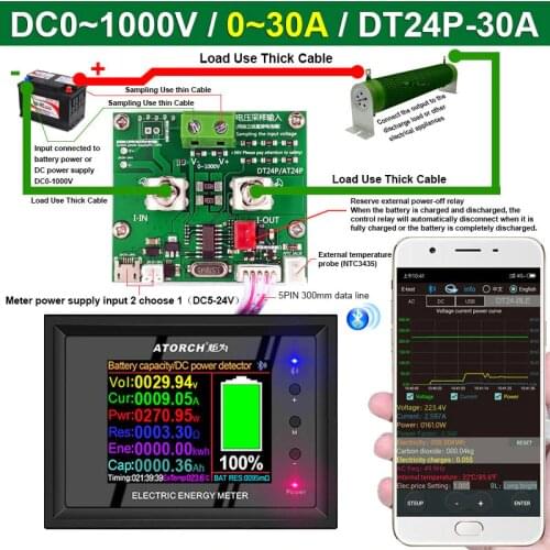 DT24P 1000V/30A IPS digital display DC Power Voltmeter Ammeter Battery Capacity Tester voltage Gauge detector Meter For App
