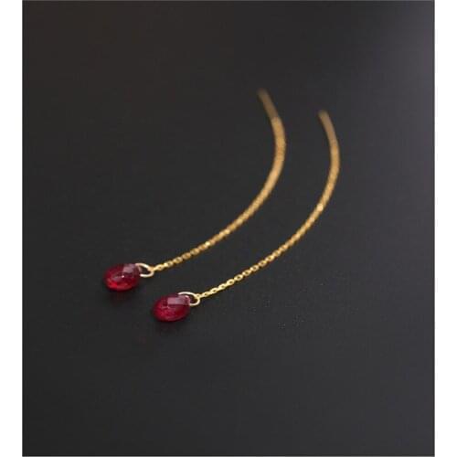 DAIMI Faceted Ruby Earline Female Gemstones Day Genuine Yellow 18K Gold Long Choi Earrings Gift