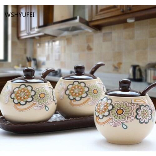 Japanese style printing ceramic sealed storage jar with lid kitchen spice jar dried fruit snack container bottle coffee tea can